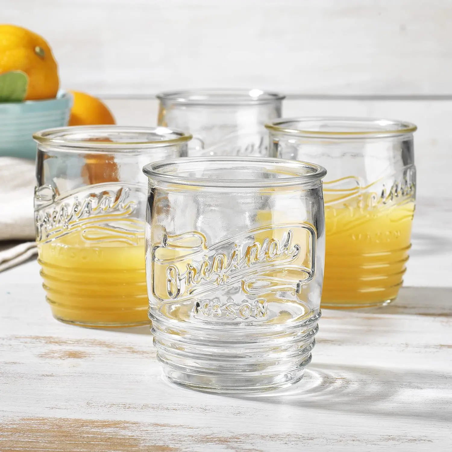 Drinking Glasses Set of 4 Original Mason Whiskey 13 Oz Genuine Artisan-Made Vintage Italian Tumbler Glassware for Refreshing Drinks  Beverages Iced Tea