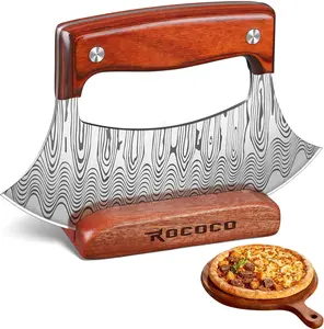 ROCOCO Pizza Cutter Ulu Knife – Full Tang Mezzaluna Rocker Knife with Wood Block for Kitchen Christmas Gifts for Men Women