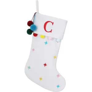 19.5 Inches Personalized Initial Monogram White Christmas Stocking, Embroidered Letter Fleece with Pom Poms for Family Christmas Holiday Party Decor
