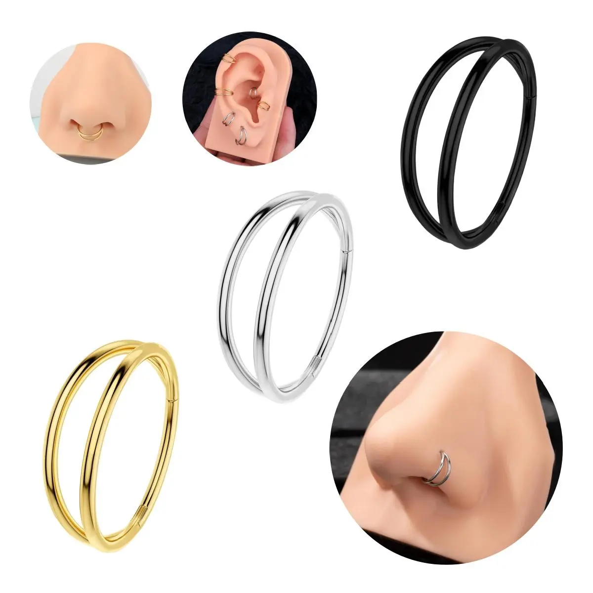 OUFER 316L Smooth Steel Segmented Hinged Double Row Round Hoop Ring - 20G/18G/16G, 5mm-12mm (Incl. 6mm), Latch Closure, Nose Ring Jewelry, Helix Piercing Piece, Body-Safe, Non-Tarnish, Easy-Change Unisex Smooth Steel for Comfy Daily Wear, Smooth Steel For