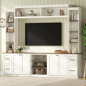 4-in-1 Entertainment Center Wall Unit with Bookshelf for TVs Up to 70", Farmhouse Large TV Stand with Walnut Adjustable Shelves, Elegant Retro Media Console with Drawers for Living Room, White