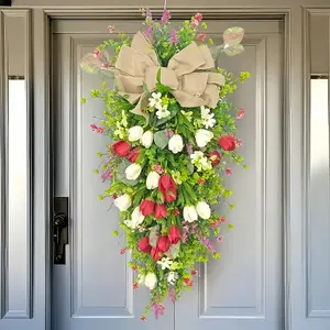 Spring Tulip Door Wreath, 23.6 Inch Tulips and Eucalyptus Interwoven, Realistic Durable Plastic, Ready to Hang, Mother's Day Gift