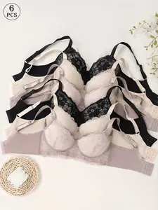 6pcs Women's Underwire Bras with Contrast Lace Trim - Black/Beige/Light Pink Floral & Mesh Design, Non-Removable Padded Cups, Elegant Support for Everyday & Special Occasions, Comfortable Undergarment  | Delicate Lace Braided Detail