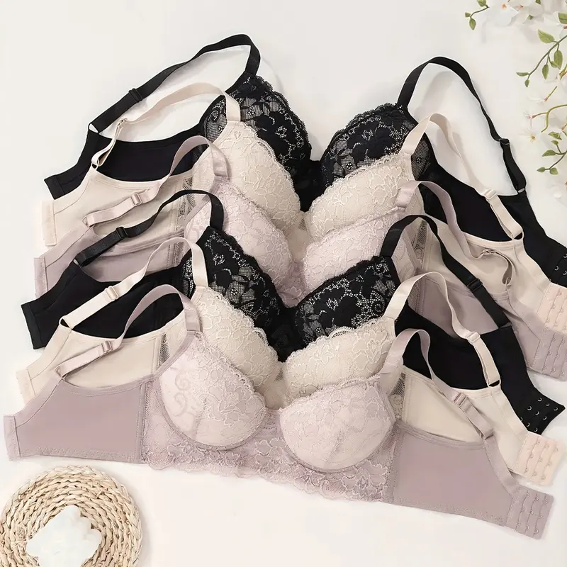 6pcs Women's Underwire Bras with Contrast Lace Trim - Black/Beige/Light Pink Floral & Mesh Design, Non-Removable Padded Cups, Elegant Support for Everyday & Special Occasions, Comfortable Undergarment  | Delicate Lace Braided Detail