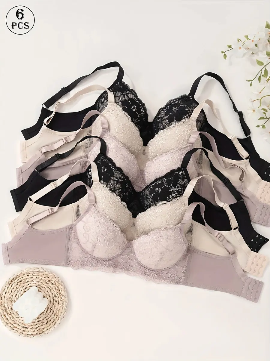 6pcs Women's Underwire Bras with Contrast Lace Trim - Black/Beige/Light Pink Floral & Mesh Design, Non-Removable Padded Cups, Elegant Support for Everyday & Special Occasions, Comfortable Undergarment  | Delicate Lace Braided Detail