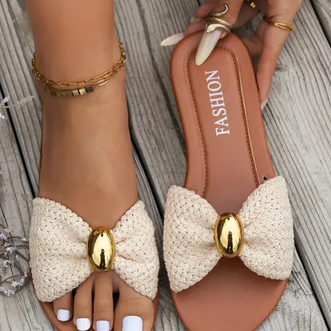 Women's Fashion Bow Flat Sandals, Casual Comfy Sandals, Casual Summer Footwear with Soft Knit Upper and Metal Round Buckle, Comfortable Sole for Beach Vacation and Daily Commute