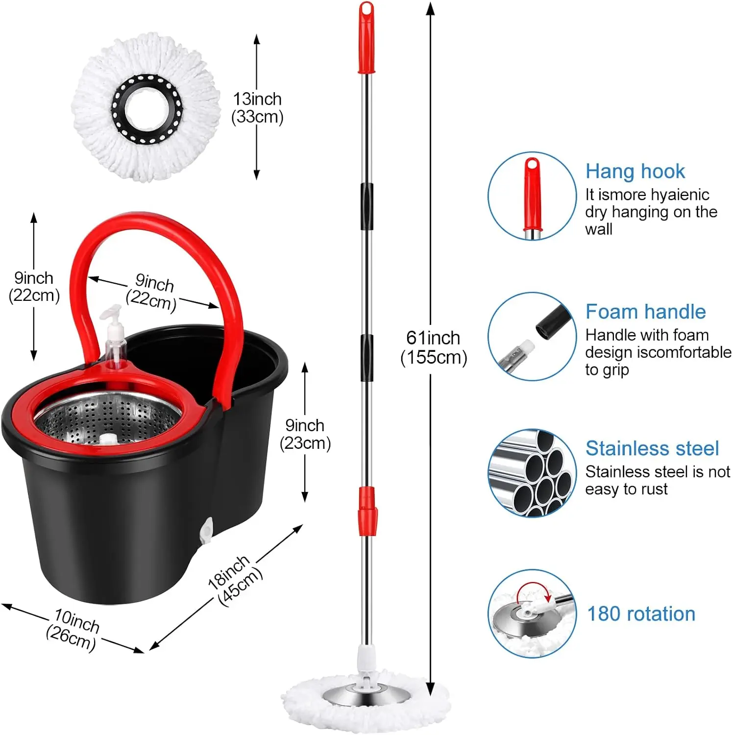Spin Mop and Bucket with Wringer Set, 3 Microfiber Mop Heads, 61" Handle | 360° Spinning Mop System with Stainless Steel Adjustable Handle & 3 Microfiber Replacement Heads for Floor Cleaning