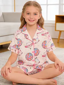 2-Piece Summer Kids Fire-Resistant Pajama Set, Short Sleeve Button Front Top & Shorts, Cartoon Print, All Seasons, Festival Party Pajamas
