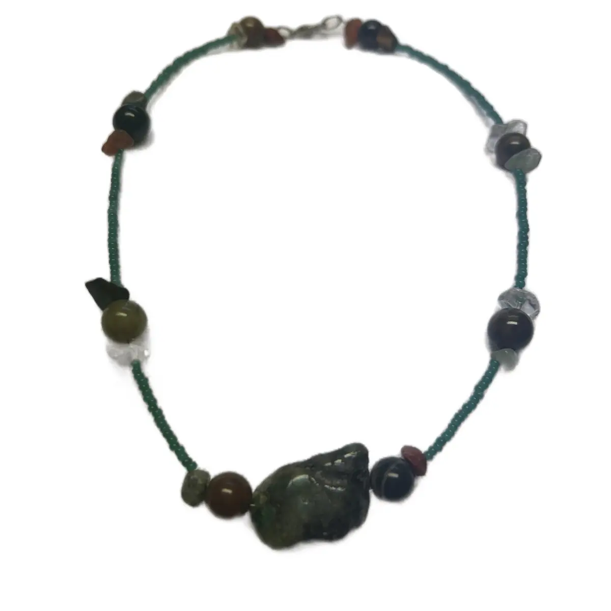 Green Agate Necklace with Petrified Stone, Antique Seed Beads, Elegant Design, Unique Craftsmanship