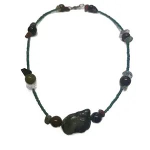 Green Agate Necklace with Petrified Stone, Antique Seed Beads, Elegant Design, Unique Craftsmanship