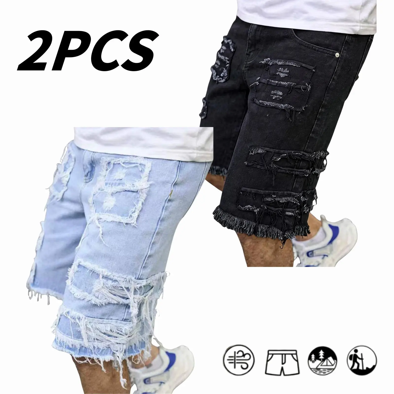 2-Pack Men’s High-Street Casual Denim Shorts, Knee-Length, Distressed, Raw Hem