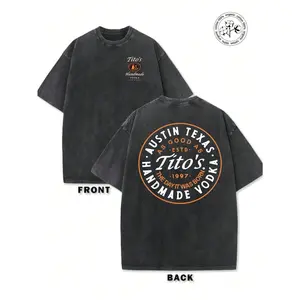 230g Washed And Used T-Shirt, Front Tito's Handmade Vodka Logo, Back With "AUSTIN TEXAS Tito's HANDMADE Vodka" Circular Text And Brand Logo, Tito's Vodka Theme