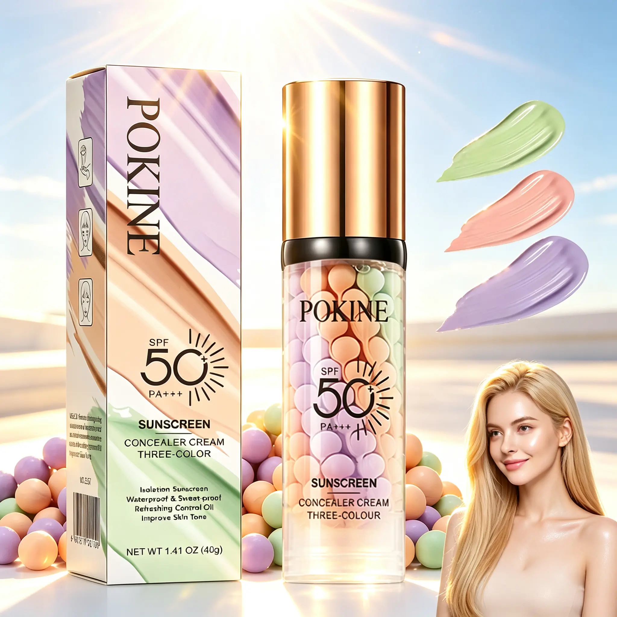 3 PCS Facial Sunscreen Isolation Cream SPF 50+ PA+++ - 3-in-1 Oily Skin UV Protection, Smooth Color Corrector, Face Primer, Pre-Makeup Base