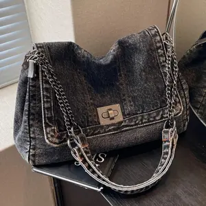 2026 Denim Bag Chain Shoulder Bag Women's Fashion Commuting Work Underarm Bag Vintage Texture Travel Handbag