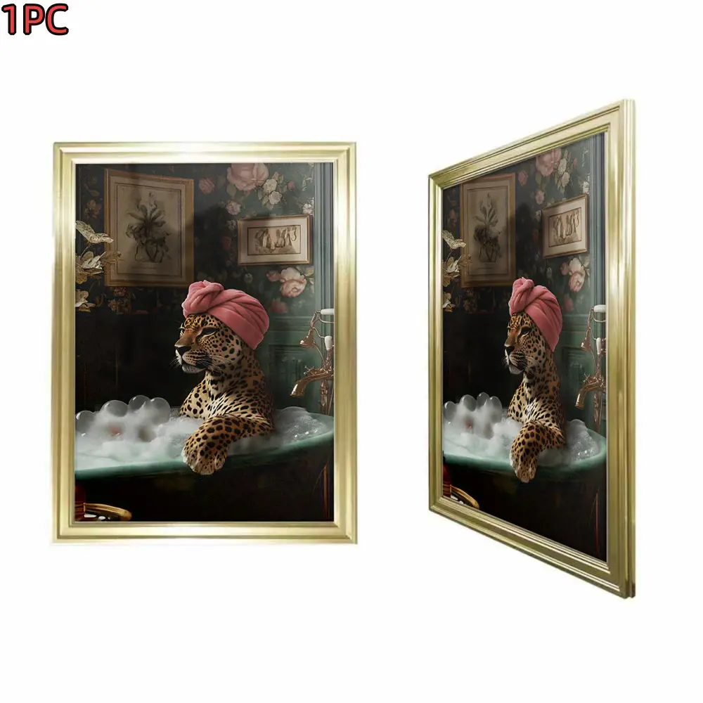 1pc Framed Gold Frame Framed Leopard In Bathtub Canvas Art Print For Living Room Bedroom And Bathroom Decor With Vintage Elegance And Whimsical Charm, Framed Prints, Decorative Graphic Prints
