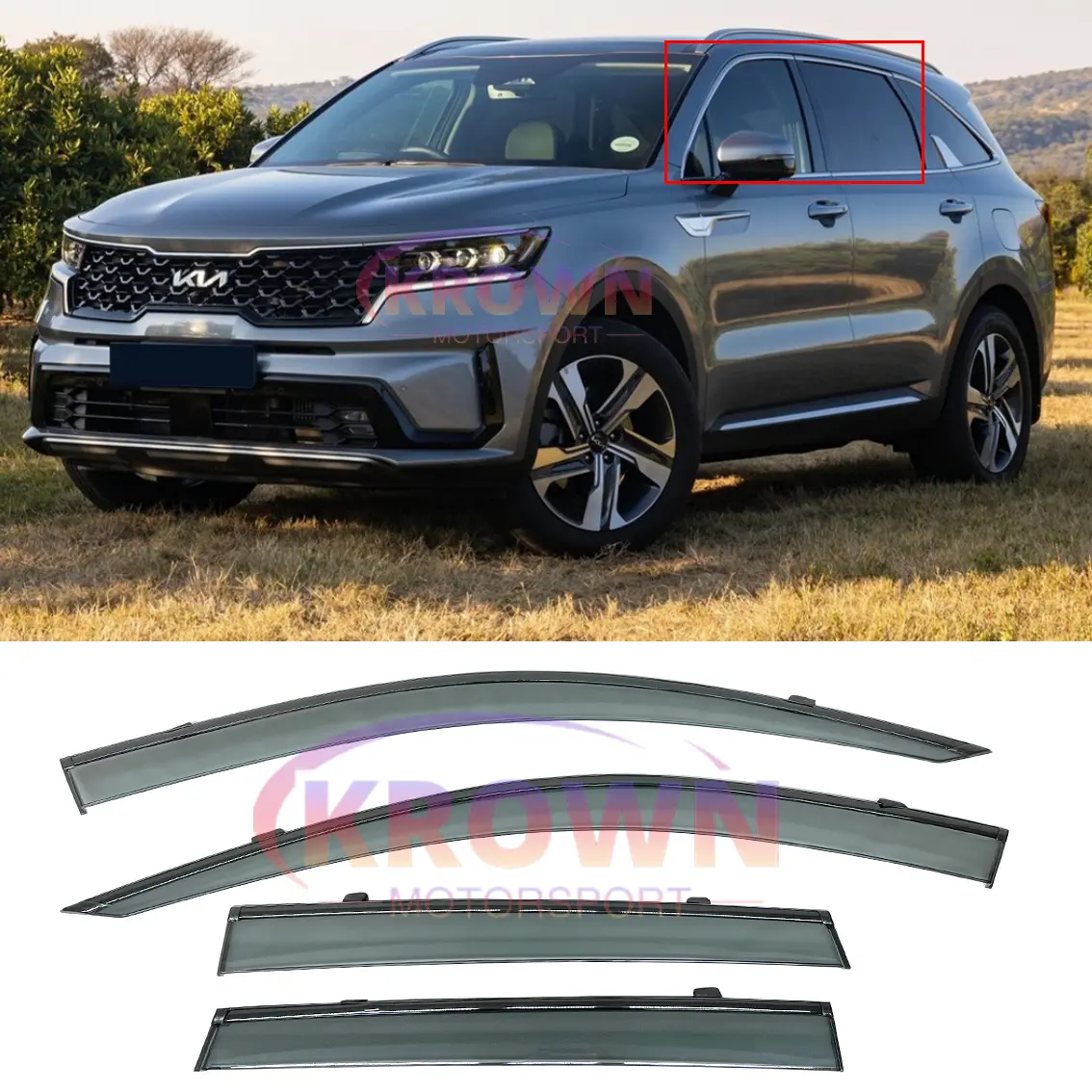 FITS 2021-2025 KIA SORENTO SMOKE TINTED CLIP-ON WINDOW VISOR W/ CHROME TRIM RAIN GUARD