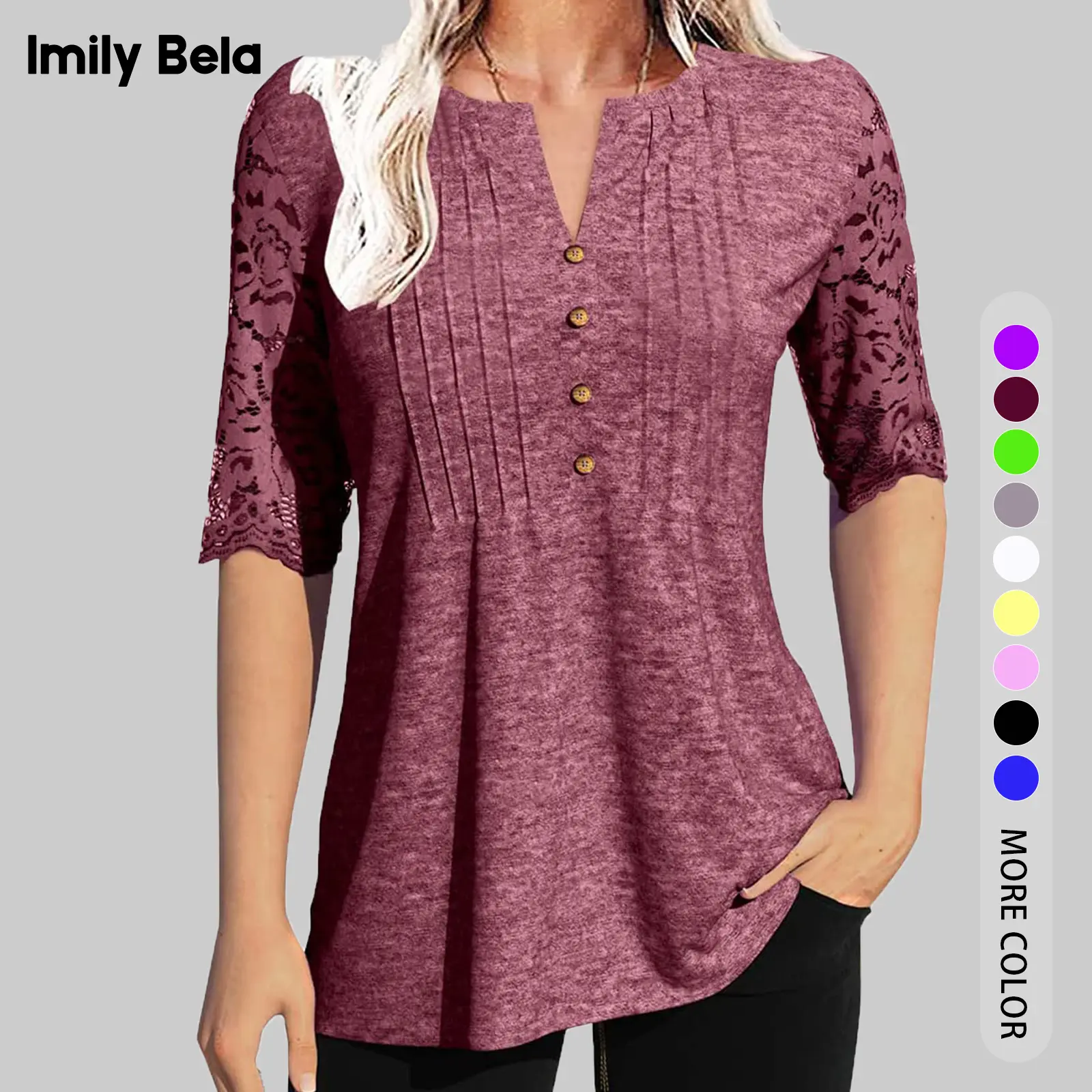 Imily Bela Essentials Women's Lace Sleeve Summer T-Shirt V-Neck Botton Up Basic Solid Color Casual Tunic Tops