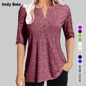 Imily Bela Essentials Women's Lace Sleeve Summer T-Shirt V-Neck Botton Up Basic Solid Color Casual Tunic Tops