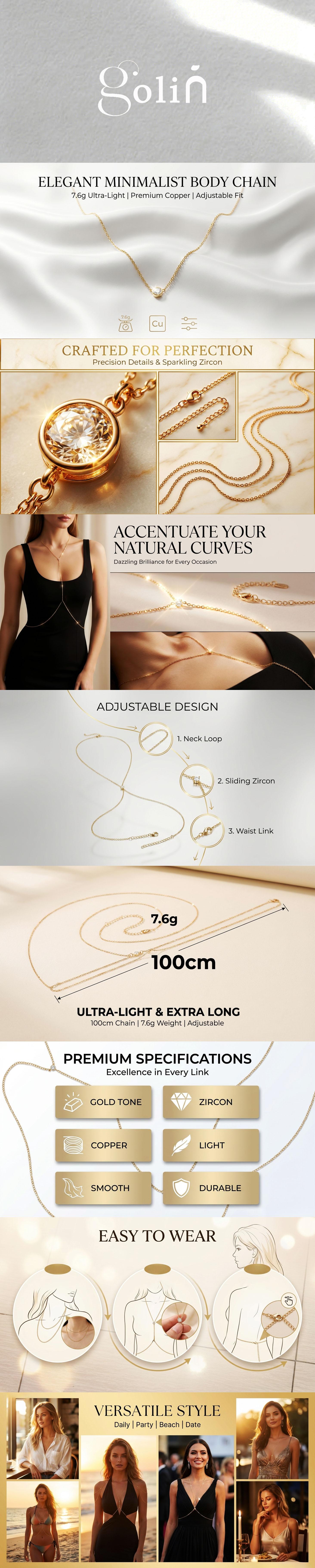 Gold Stainless Steel Body Chain Waist Chain - 100cm, 7.6g/0.26oz - Summer Beach & Bikini Wear Dainty Jewelry accessories