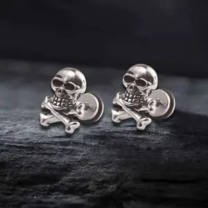 GTHIC Punk Crossbones Skull Stainless Steel Stud Earrings Trendy Rock-Inspired Jewelry for Casual Outfits