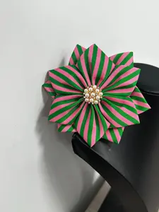 5-inch bright pink-green striped friendship sister brooch with satin surface decoration, set with imitation pearl and rhinestone inlay, suitable for wedding, engagement and party wear Flower Brooch Pin