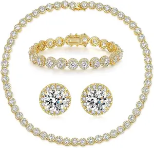 Gemsme 5MM Unisex Cubic Zirconia Tennis Necklace/Bracelet/Earrings Sets for Women Men Halo Jewelry Set 8001
