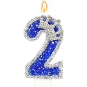 1pcs Blue birthday candle, crown candle with sequins, first cake candle, cupcake decorating party decorations, anniversary celebration supplies.