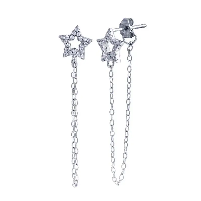 Sterling Silver Star Chain Diamond Rhinestone Stud Earring