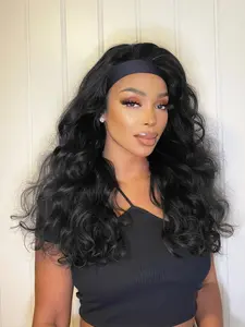 black hair body Wave hair headband wig  Long Hair with Ice Silk Band, Synthetic Fiber Wig for Women, Daily Wear, Stylish and Comfortable, Perfect for Everyday Use, Synthetic Machine Wigs