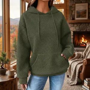 Women's Casual Long Sleeve Hooded Sweatshirt - Loose Fit Drawstring Waffle Pullover Top with Pocket Comfortable Warm Hoodies for Everyday Wear Fall Winter Fashion Outerwear Street Style