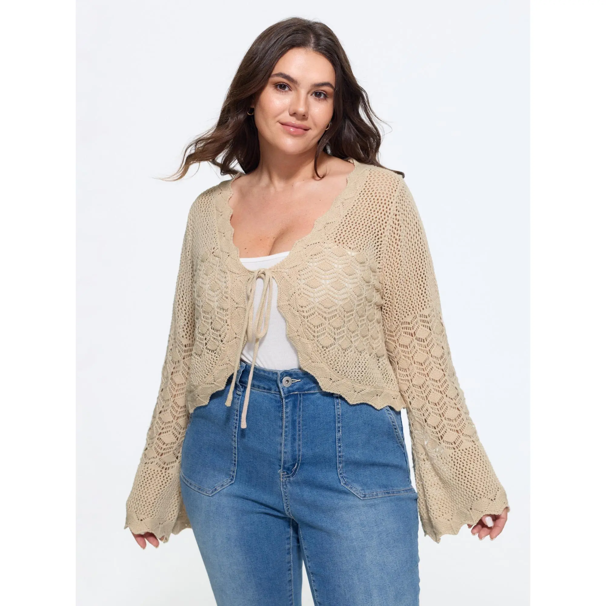 BLOOMCHIC Women's Plus Size Knit Cardigan, Scallop Trim, Drawstring, Flare Sleeves, Hollow Design [M-6X] Summer Finds,clothes for back to school,first day of school outfits