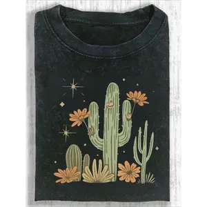 Desert Cactus And Wildflower Graphic Tee Unisex Vintage Wash Oversized Cotton Crewneck Short Sleeve Casual Streetwear Summer Outfit