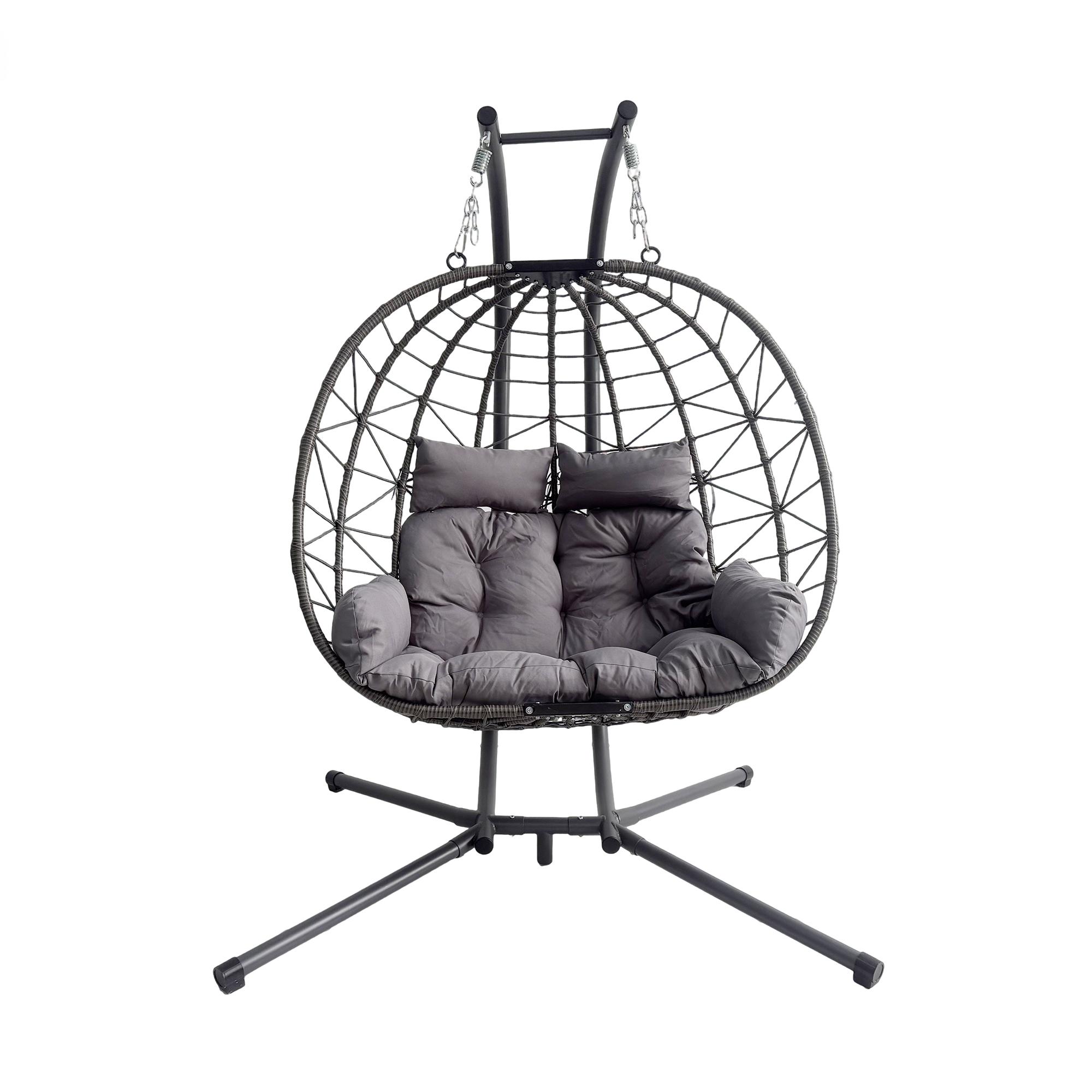 Viral Double Hanging Egg Chair With Stand, 2-Person Oversized Wicker Hammock Swing Chair With Thick Cushion, Loveseat Lounge Egg Chair for Indoor Bedroom Living Room Outdoor Patio Balcony Garden Backyard, Relaxing Rattan Swing Chair for Home