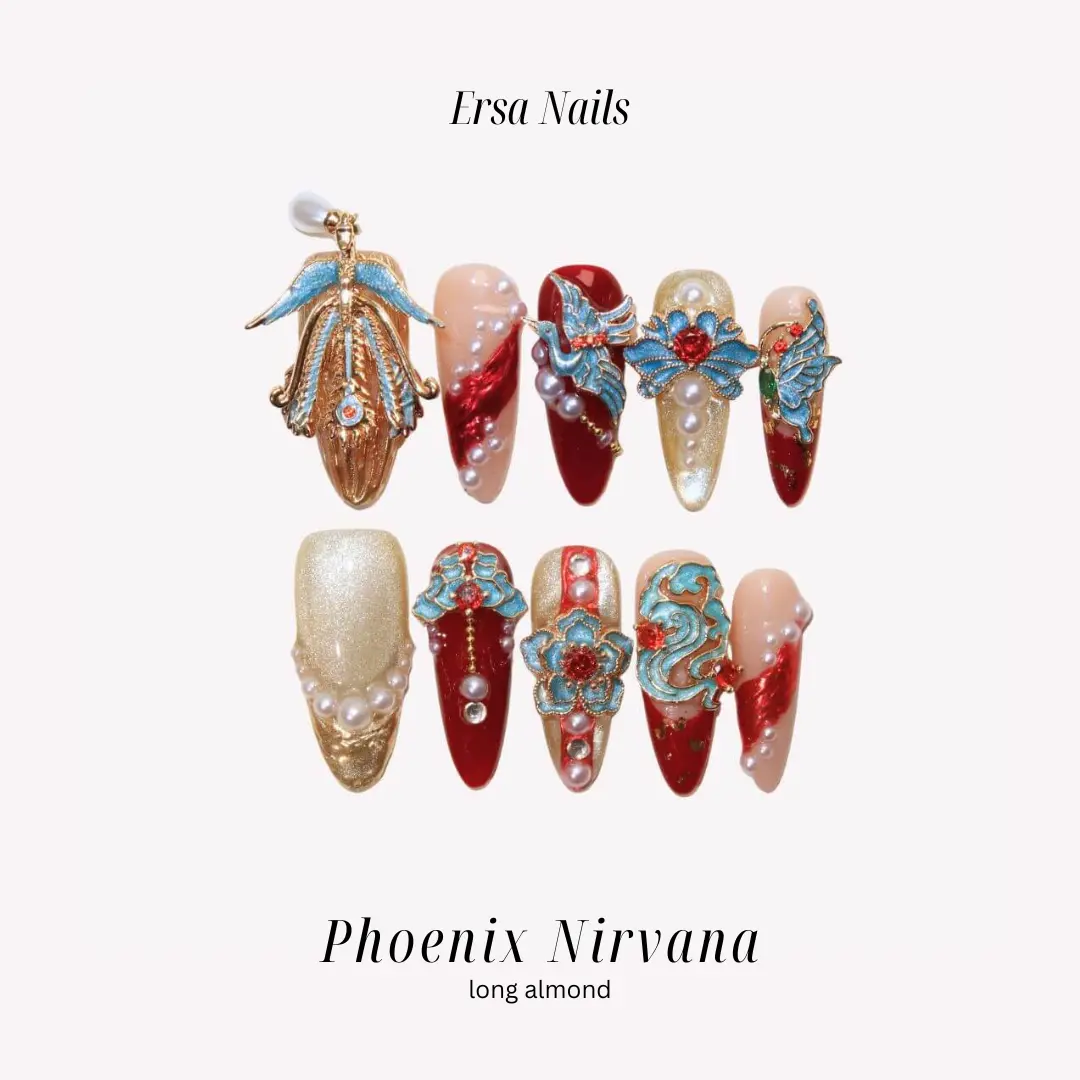 ErsaNails Phoenix Nirvana - Long Almond 10 PCS Handmade Press On Nails | 3D nails, Pearl & Peony