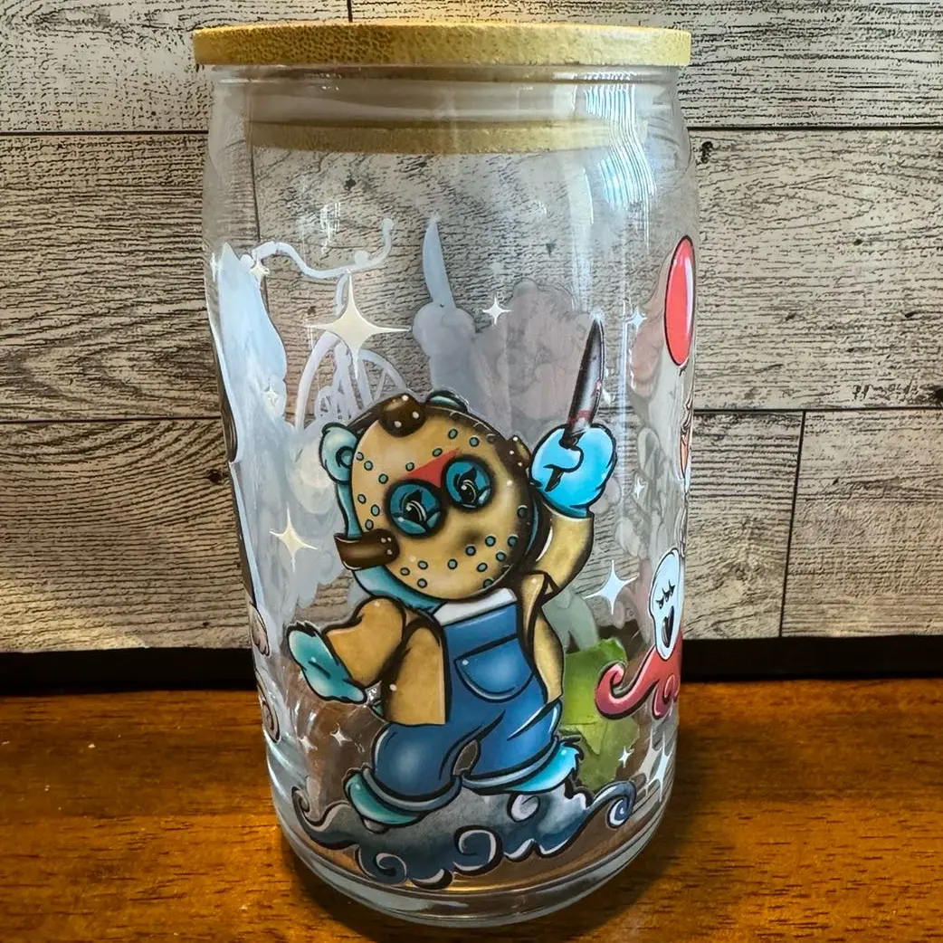 16 oz Scary Carebear glass can