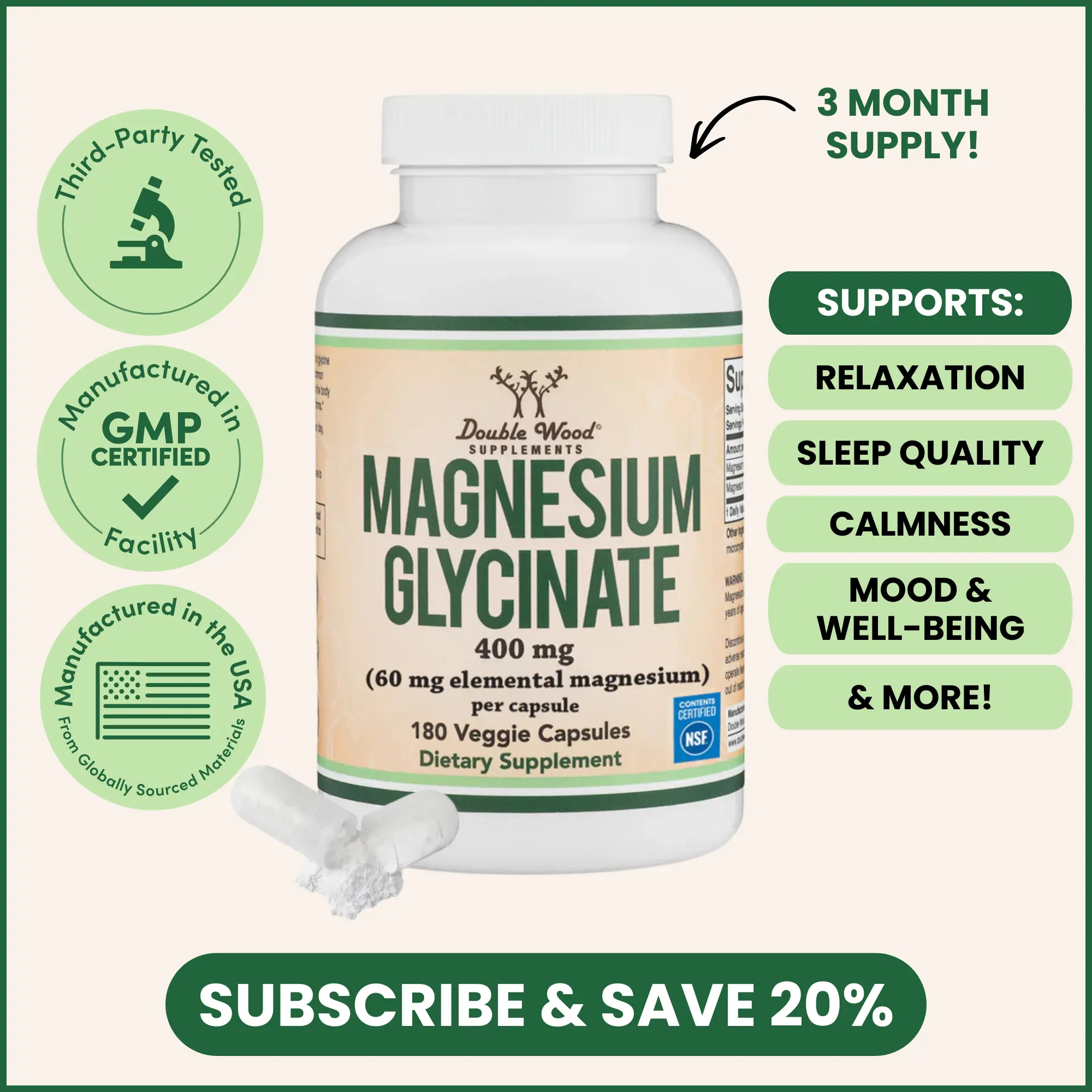 Magnesium Glycinate | 400 mg | 90 Count | Boost Mood & Well-Being | Promote Calmness & relaxation | Support Bone Health | Double Wood Supplements Magnesium Glycinate | 400 mg | 90 Count | Boost Mood & Well-Being | Promote Calmness & relaxation | Support Bone Health | Double Wood Supplements