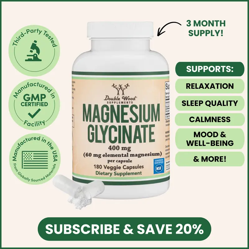 Magnesium Glycinate | 400 mg | 90 Count | Boost Mood & Well-Being | Promote Calmness & relaxation | Support Bone Health | Double Wood Supplements