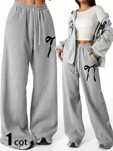 Women's Grey Bow-Print Wide-Leg Sweatpants, Drawstring with Pockets, Suitable for Everyday Wear, Lounging at Home, Street Style, and Workouts.