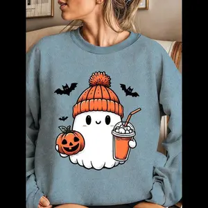 NewWomen's Print Drop Shoulder Sweatshirt,  Cartoon Ghost & Pumpkin Cute Casual Long Sleeve Round Neck Pullover for Daily Wear, Ladies Clothes for All Seasons, Halloween