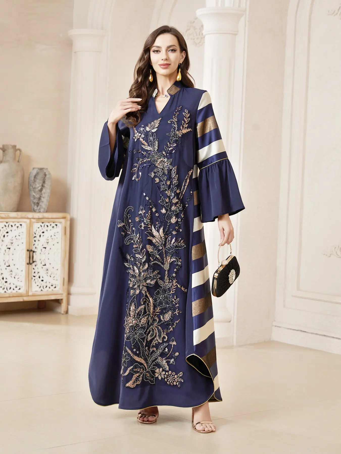 Women's Traditional Embroidered Mesh Dress Jaiabia, Boho Style Long Kaftan Robe, Caftans, All Season Loose-Fitting Evening Gown Abayas, Muslim Women Gowns