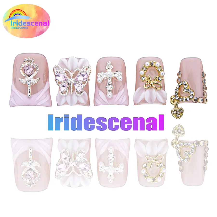 Iridescenal 10pcs-Y2K press on nail,duck nail, acrylic nail, 100%handmade, reusable, blue nail, nude, paired with French, bow, cross, 3D, butterfly, heart, suitable for daily wear, party ，It is the best festival gift for girls and women.