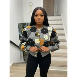 Women’s Floral Jacquard Button-Front Jacket, Casual Long-Sleeve Crew-Neck Outerwear for Everyday Wear, Ladies’ Clothing for All Seasons GARMENTARY