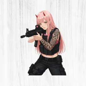 Anime Zero Two Tactical Shooter Pink Hair Gun Sticker Gaming Laptop Car Decal Cool Gift Idea