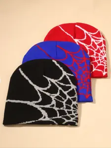 Unisex Gothic Spider Web Jacquard Beanie Set, 3-Piece Y2K Knit Warm Hip-Hop Skull Caps, Elastic Stretchy Hats for Men & Women Stretchable Fabric