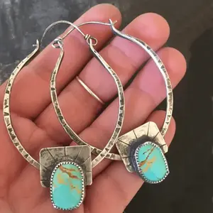 925 Silver Plated Boho-Chic Kingman Turquoise Hoop Earrings with Zinc Alloy Copper Posts for Casual Attire and Gifting