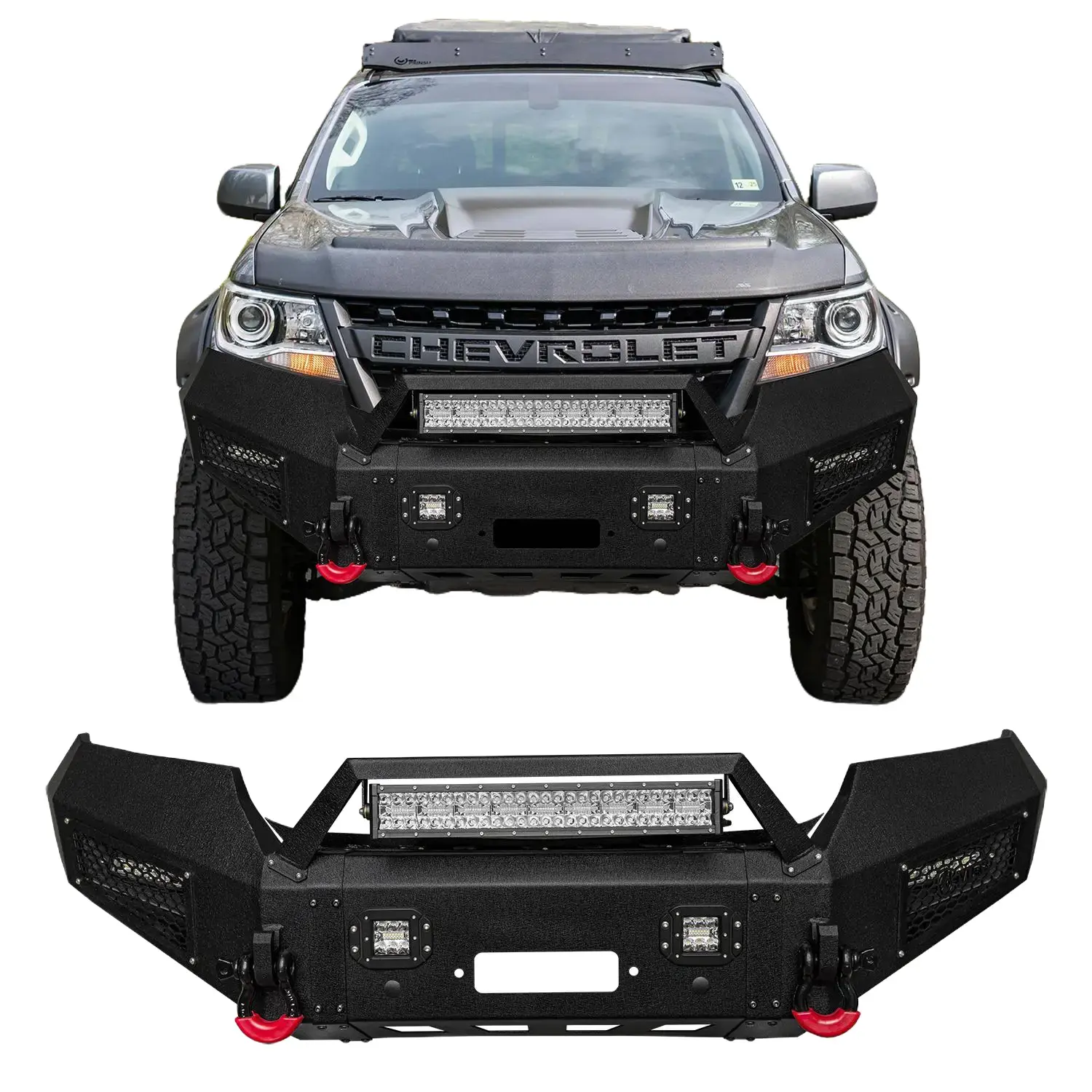 TIOYAR Black Texture Steel Front Bumper for 2015-2022 Chevrolet Colorado - Car Accessories with Winch Plate, LED Lights, 2 D-Rings, Off-Road Performance Auto Parts Component Simple screw installation