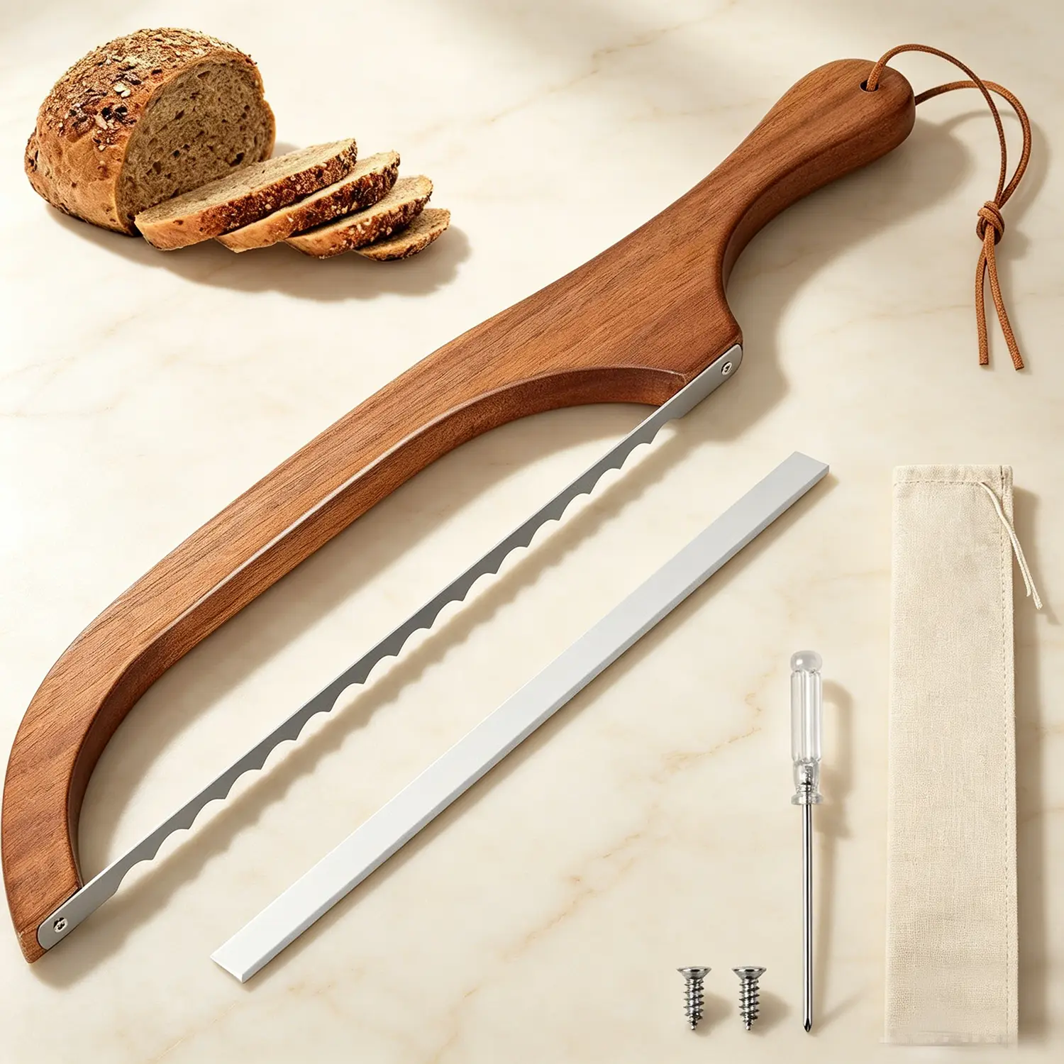 40cm Premium Wooden Handle Bread Bow Knife, Kitchen Serrated Stainless Steel Ergonomic Slicing Saw with Replacement Blade & Storage Bag for Sourdough, Bagels, Rustic Loaves