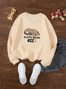 Women's Cartoon Sloth Print Crew Neck Sweatshirt Tops, Casual Drop Shoulder Long Sleeve Pullover, Women's Fall & Winter Clothes for Daily Wear