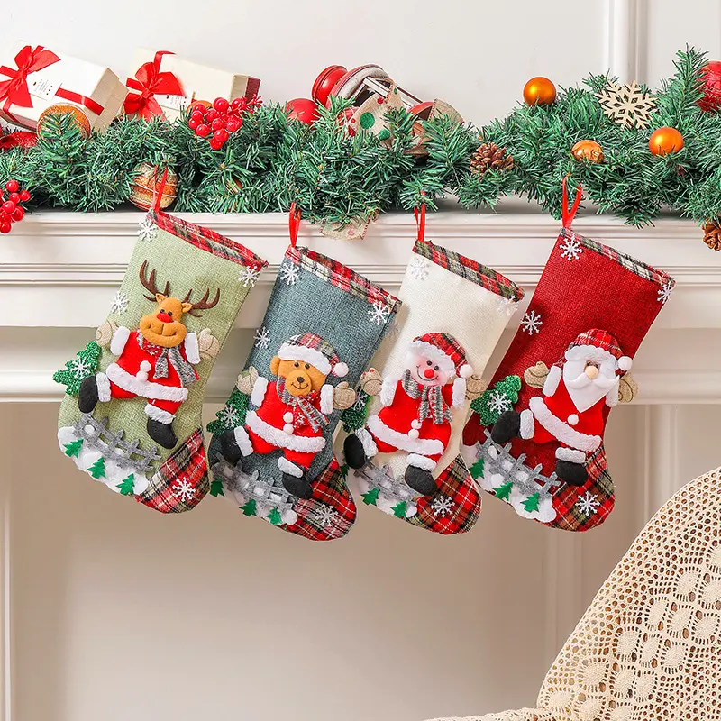 Large Linen Christmas Stocking - Holiday Ornament Gift Bag for Tree Decorations, Candy and Ornament Storage, Jewelry Organizer