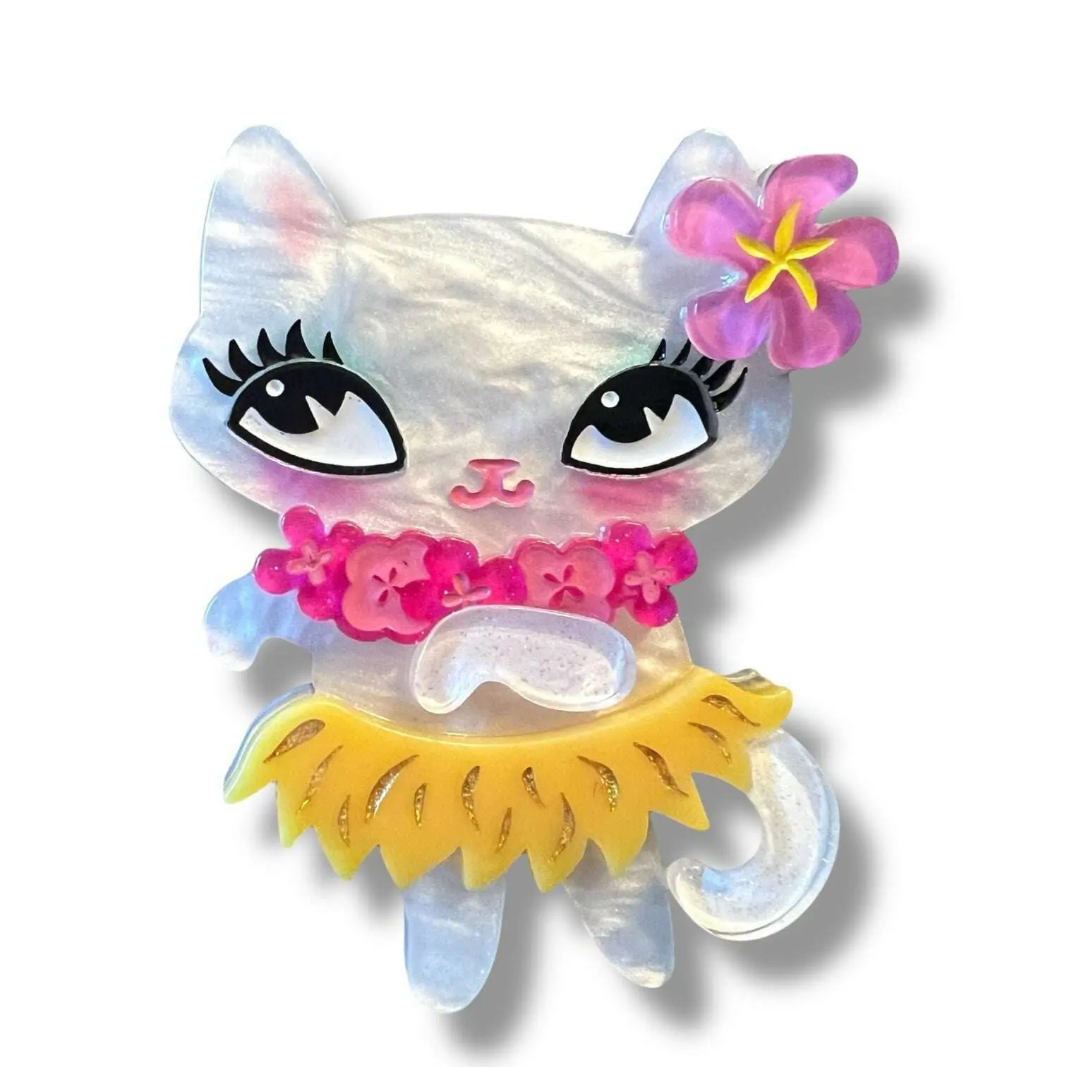 Miss Fluff x Lipstick & Chrome Tiki Hula Kitty Brooch, Tropical Colorway Fashion Accessory Jewelry for Tiki Events, Collar Clip Pin